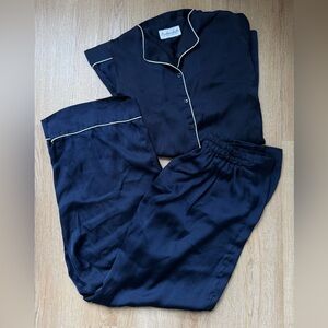 Navy Satin Pajama Set with White Piping